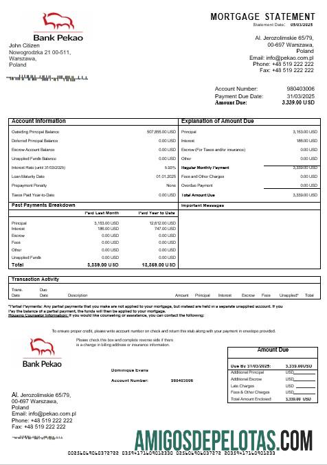 Declaração de hipoteca do Poland Bank Pekao S.A em formatos Word e PDF exemplo real